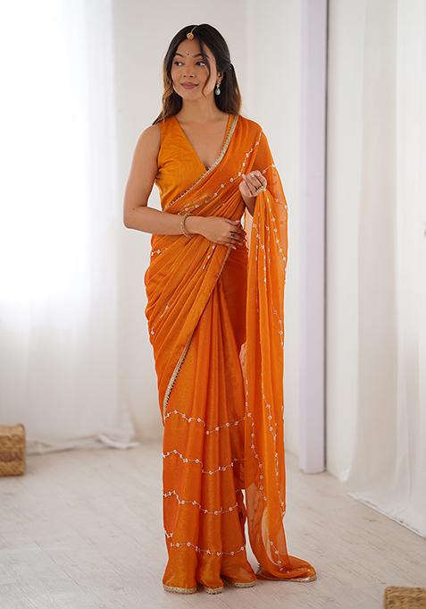 Yellow Embroidered Sitara Chiffon Saree Set