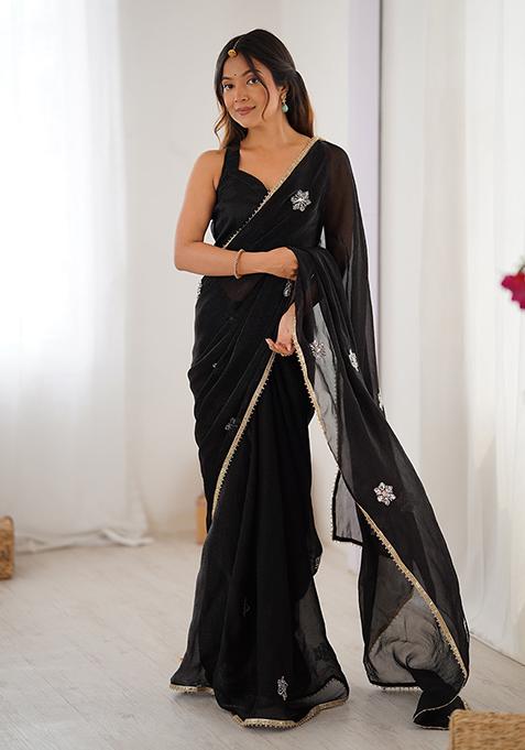 Black Embroidered Fendy Saree Set
