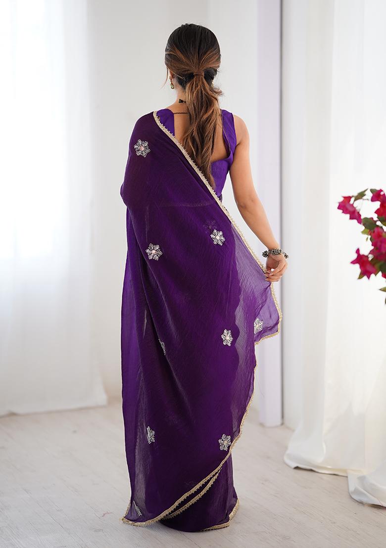 Purple Embroidered Fendy Saree Set
