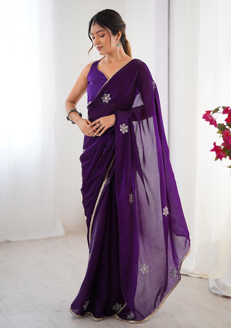 Purple Embroidered Fendy Saree Set