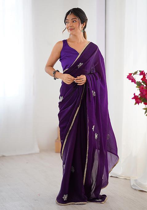 Purple Embroidered Fendy Saree Set