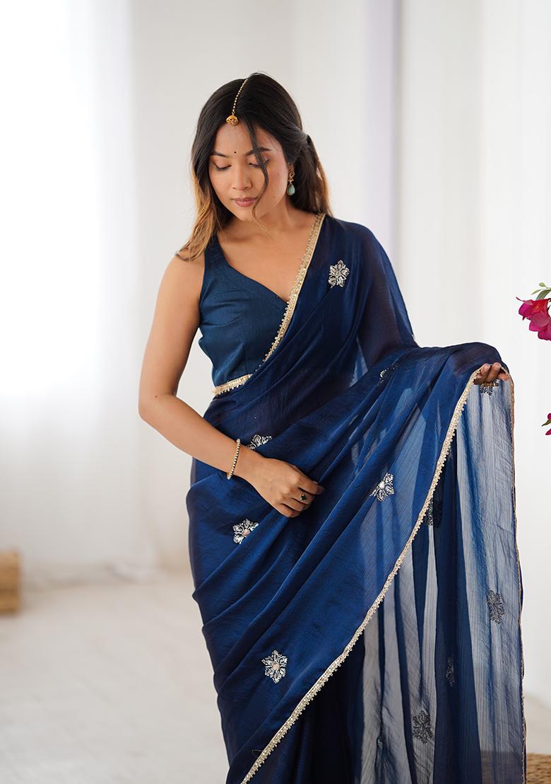 Petrol Blue Embroidered Fendy Saree Set