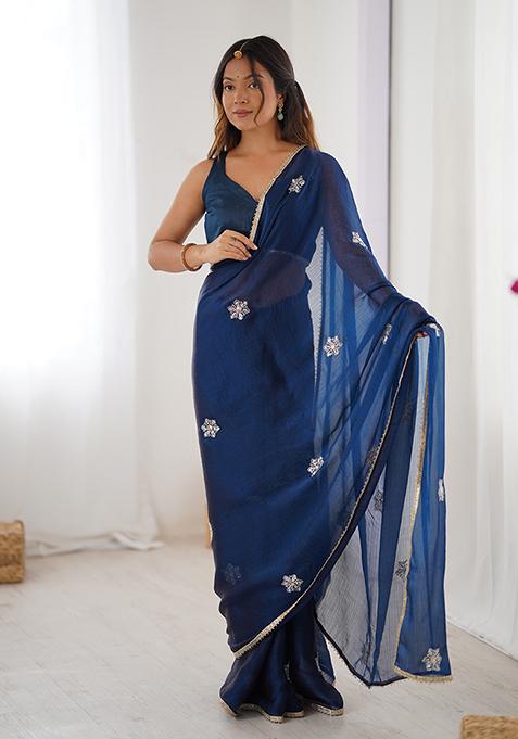 Petrol Blue Embroidered Fendy Saree Set