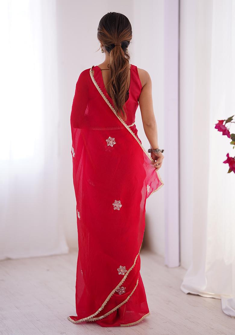 Red Embroidered Fendy Saree Set