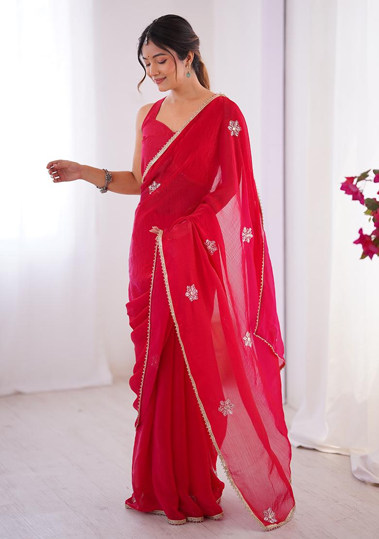 Red Embroidered Fendy Saree Set