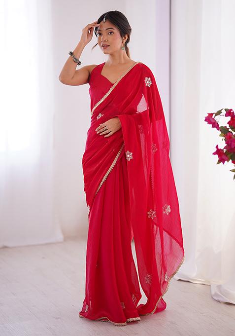 Red Embroidered Fendy Saree Set