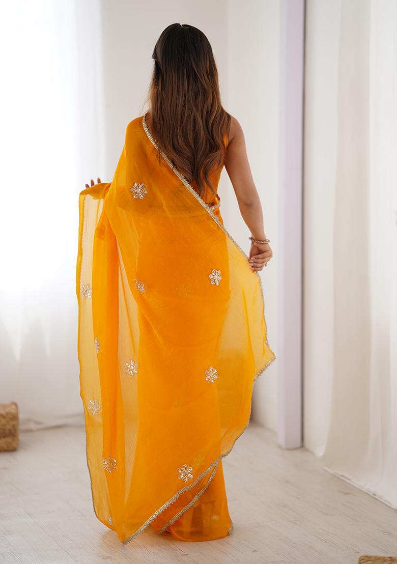 Yellow Embroidered Fendy Saree Set