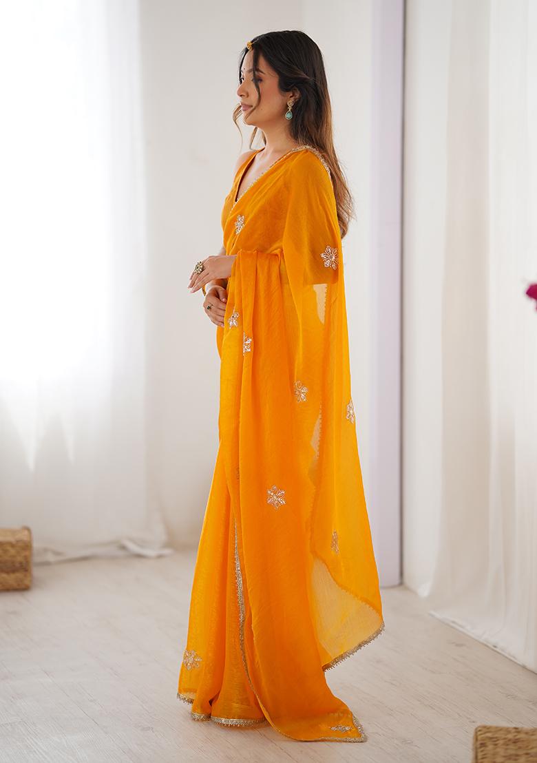 Yellow Embroidered Fendy Saree Set