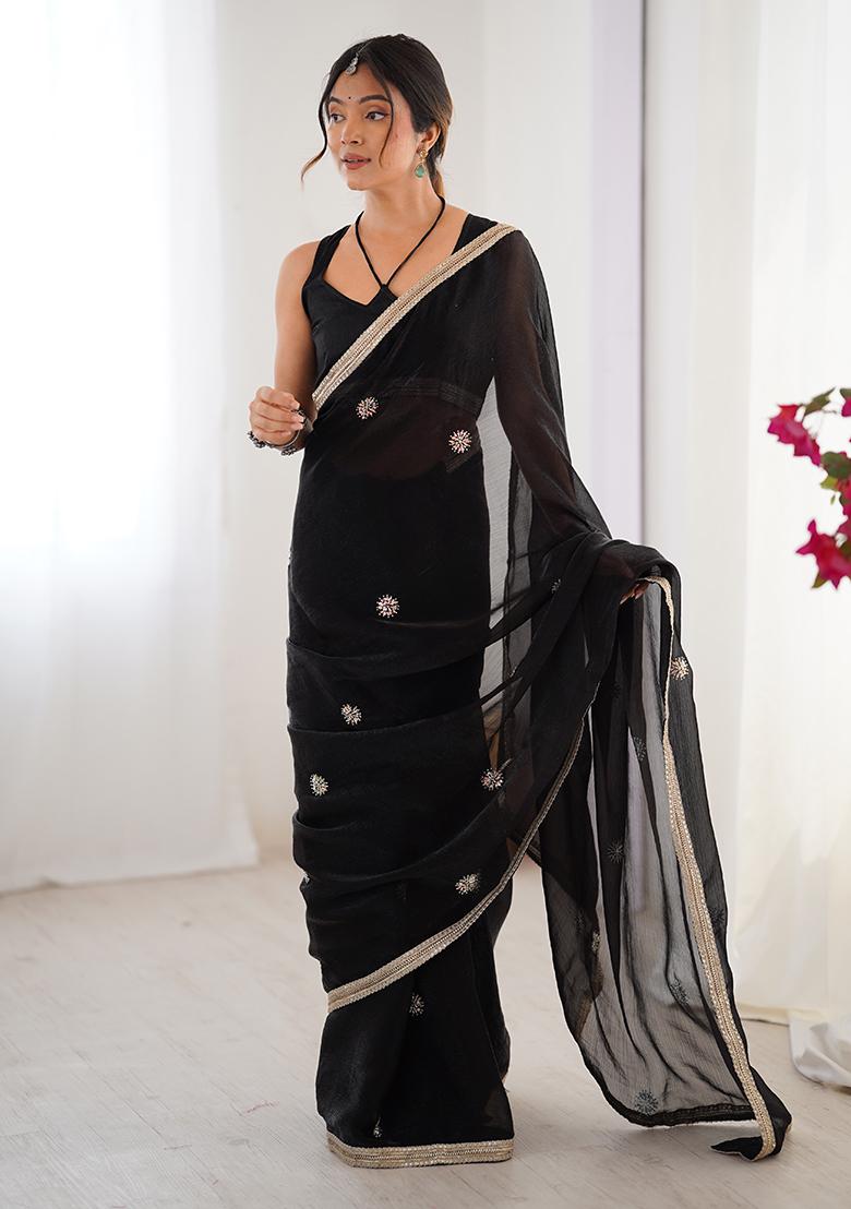 Black Embroidered Fandy Saree Set