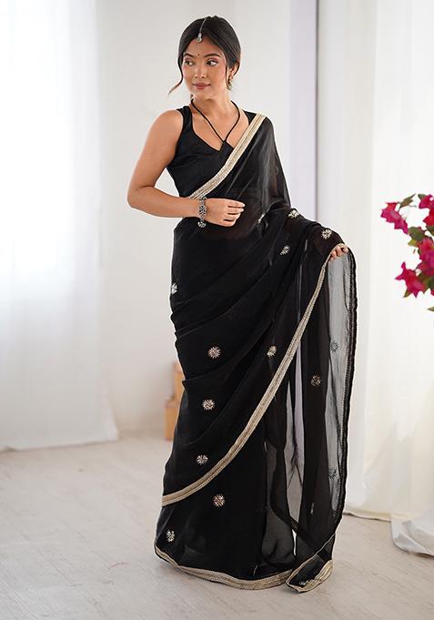 Black Embroidered Fandy Saree Set