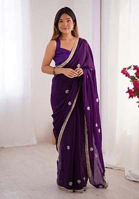 Purple Embroidered Fandy Saree Set