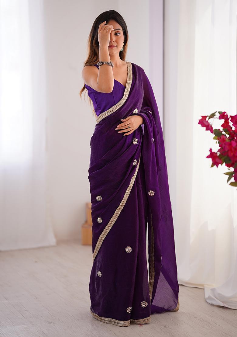 Purple Embroidered Fandy Saree Set