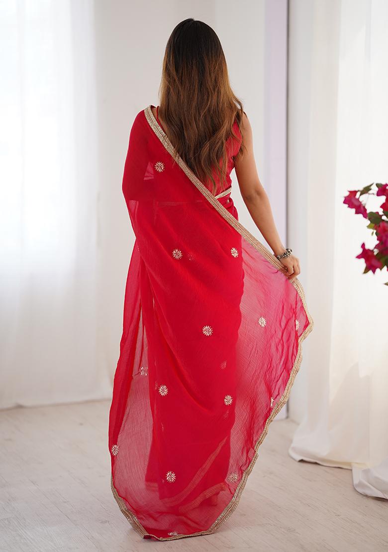 Red Embroidered Fandy Saree Set