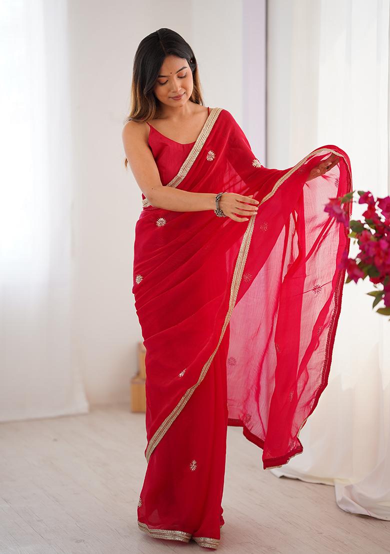 Red Embroidered Fandy Saree Set