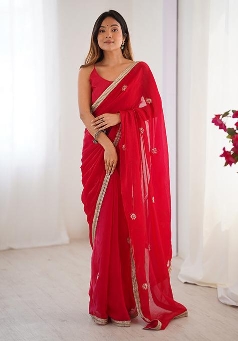 Red Embroidered Fandy Saree Set