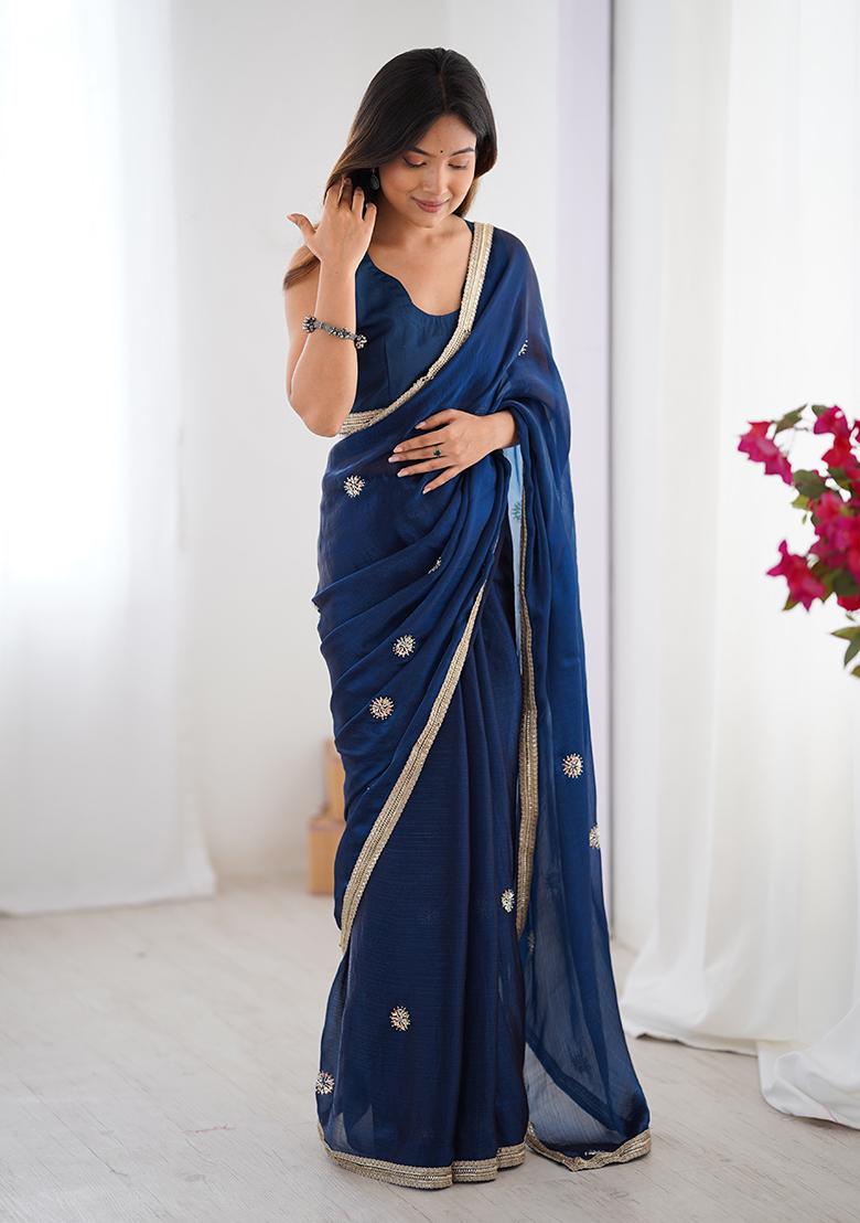 Blue Embroidered Fandy Saree Set