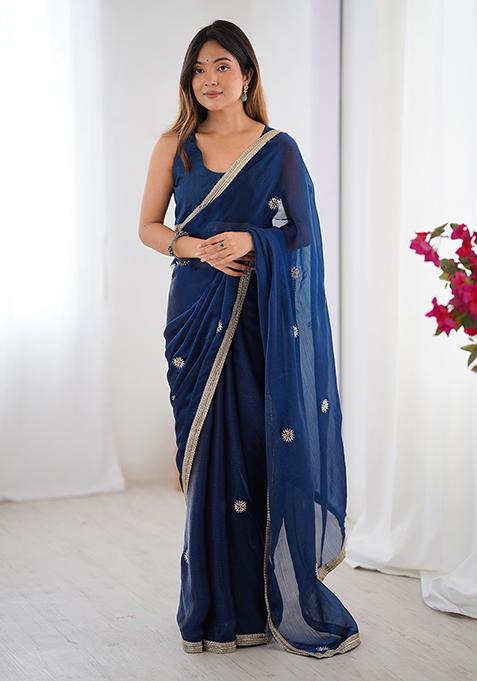 Blue Embroidered Fandy Saree Set
