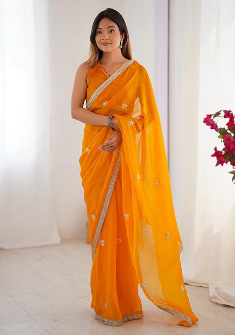 Yellow Embroidered Fandy Saree Set