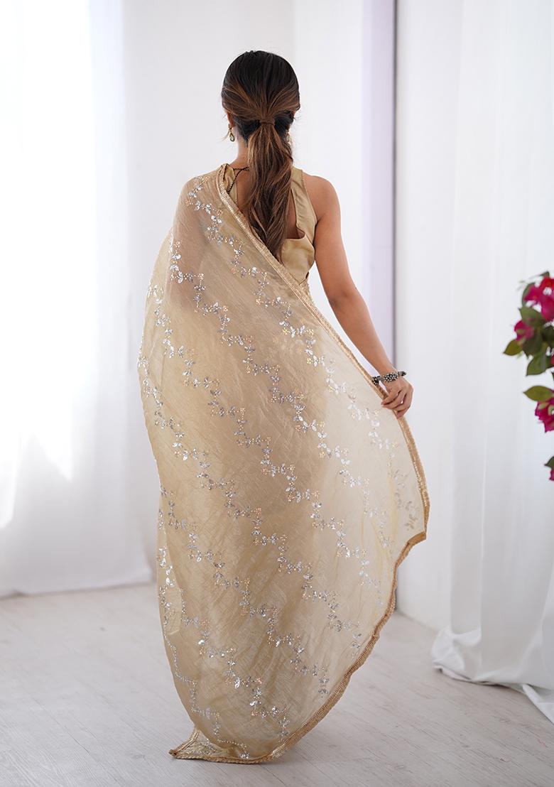 Beige Embroidered Gold Crush Saree Set
