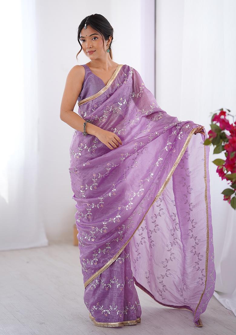 Purple Embroidered Gold Crush Saree Set
