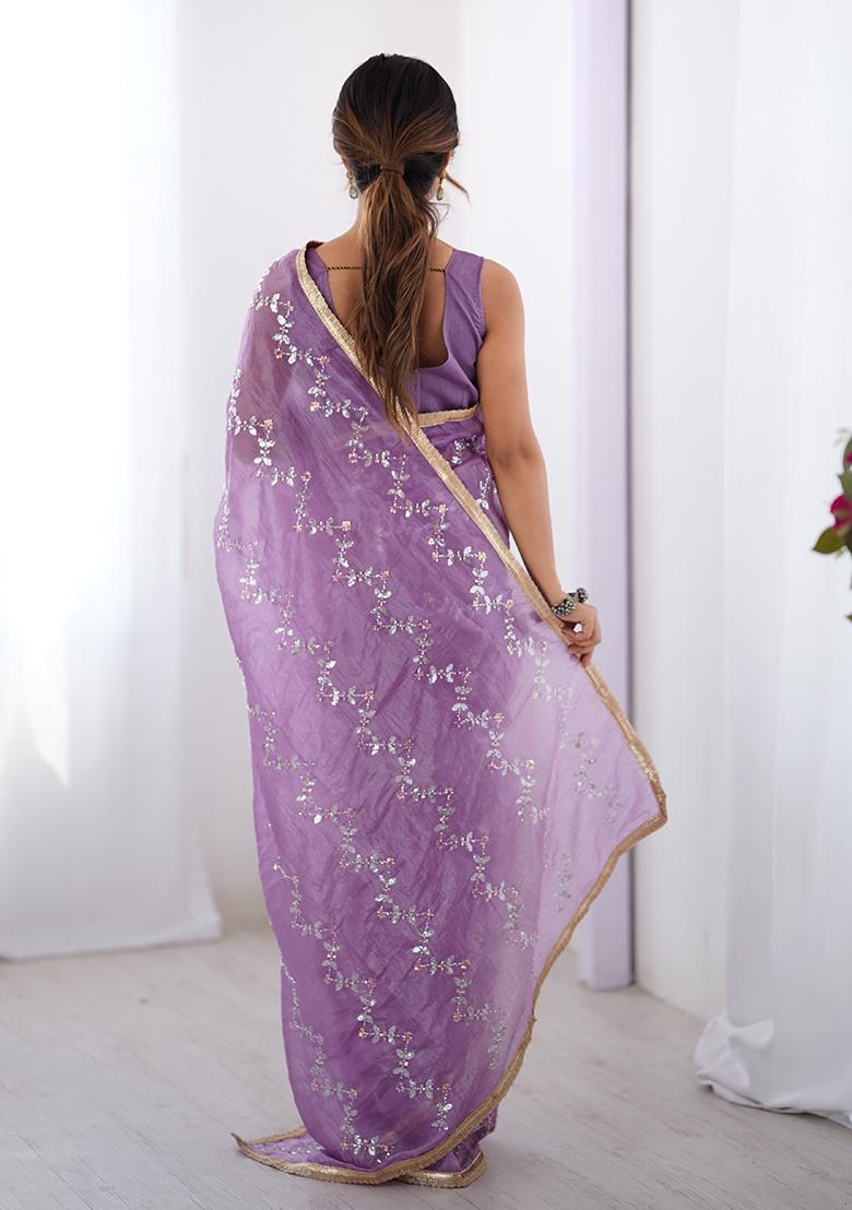 Purple Embroidered Gold Crush Saree Set