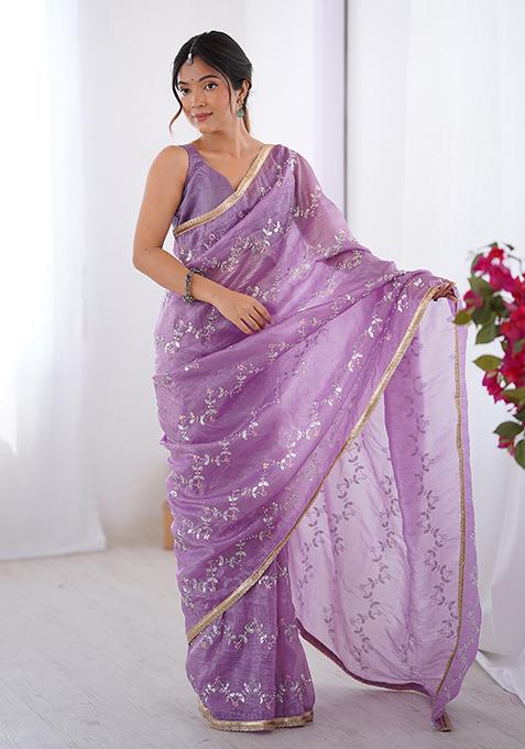 Purple Embroidered Gold Crush Saree Set
