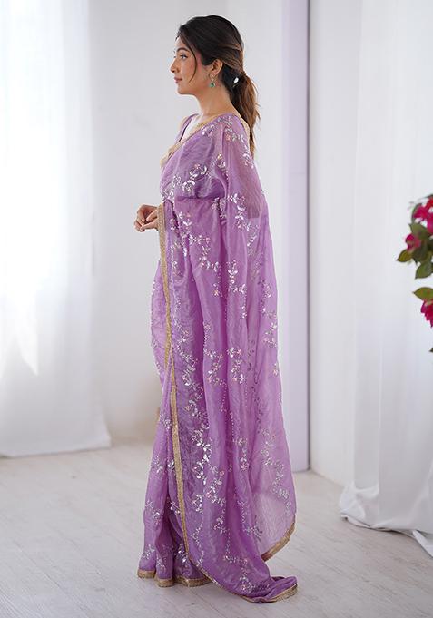 Purple Embroidered Gold Crush Saree Set