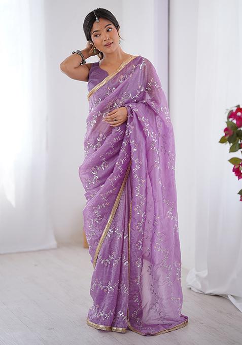 Purple Embroidered Gold Crush Saree Set