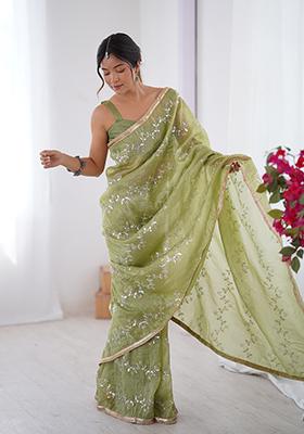 Pista Green Embroidered Gold Crush Saree Set