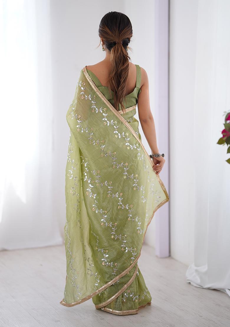 Pista Green Embroidered Gold Crush Saree Set