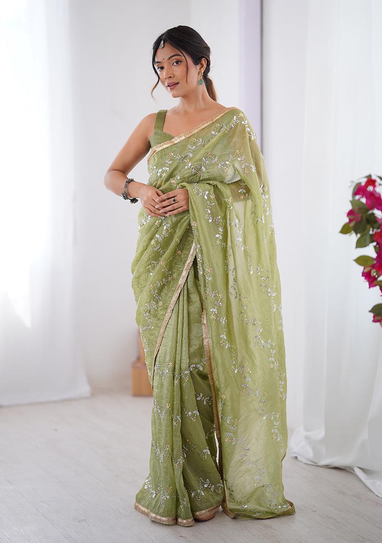 Pista Green Embroidered Gold Crush Saree Set