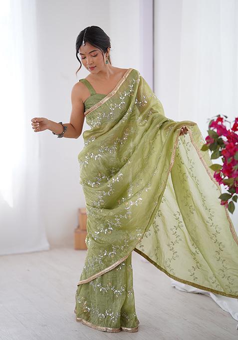 Pista Green Embroidered Gold Crush Saree Set