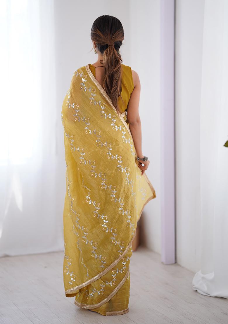 Mustard Yellow Embroidered Gold Crush Saree Set
