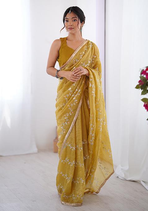 Mustard Yellow Embroidered Gold Crush Saree Set