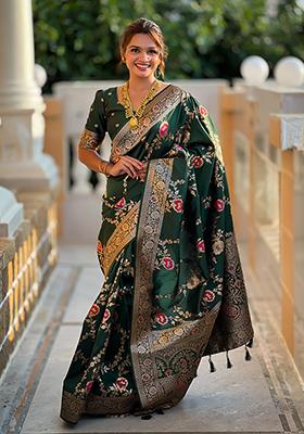 Green Wevon Meenakari Designer Banarasi Silk Saree Set