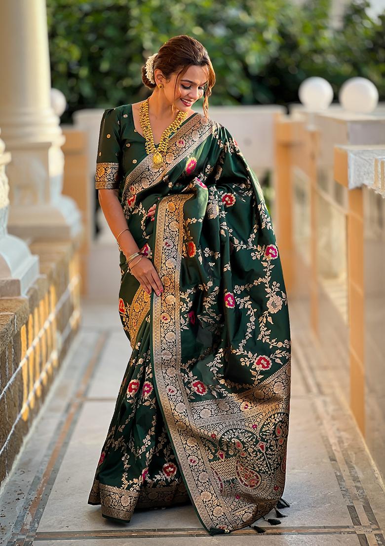 Green Wevon Meenakari Designer Banarasi Silk Saree Set