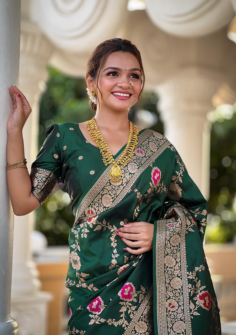 Green Wevon Meenakari Designer Banarasi Silk Saree Set