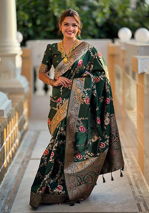 Green Wevon Meenakari Designer Banarasi Silk Saree Set
