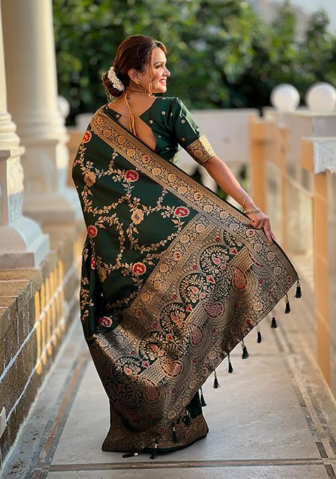 Green Wevon Meenakari Designer Banarasi Silk Saree Set