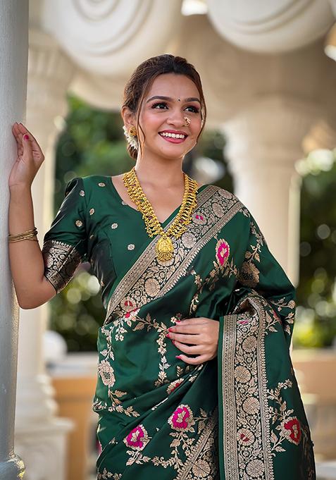 Green Wevon Meenakari Designer Banarasi Silk Saree Set