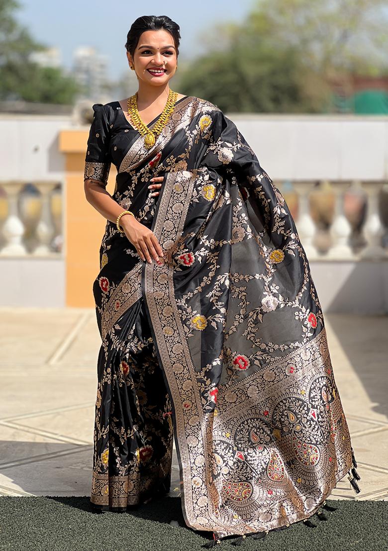 Black Wevon Meenakari Designer Banarasi Silk Saree Set