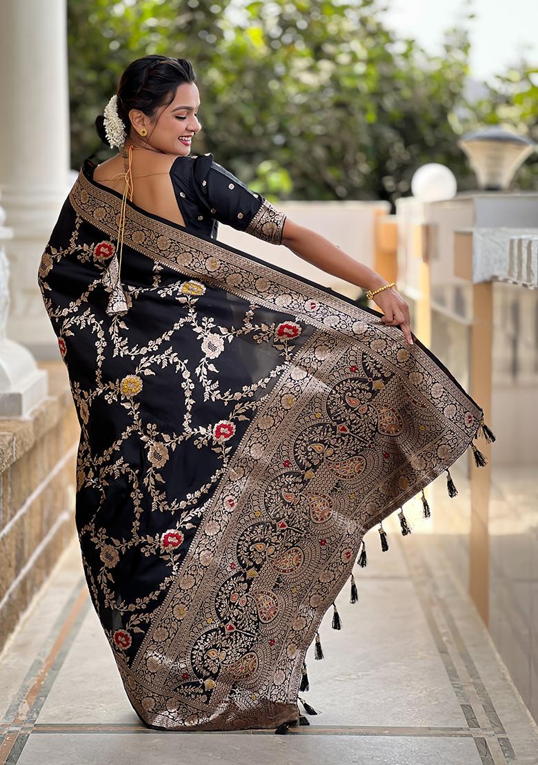 Black Wevon Meenakari Designer Banarasi Silk Saree Set
