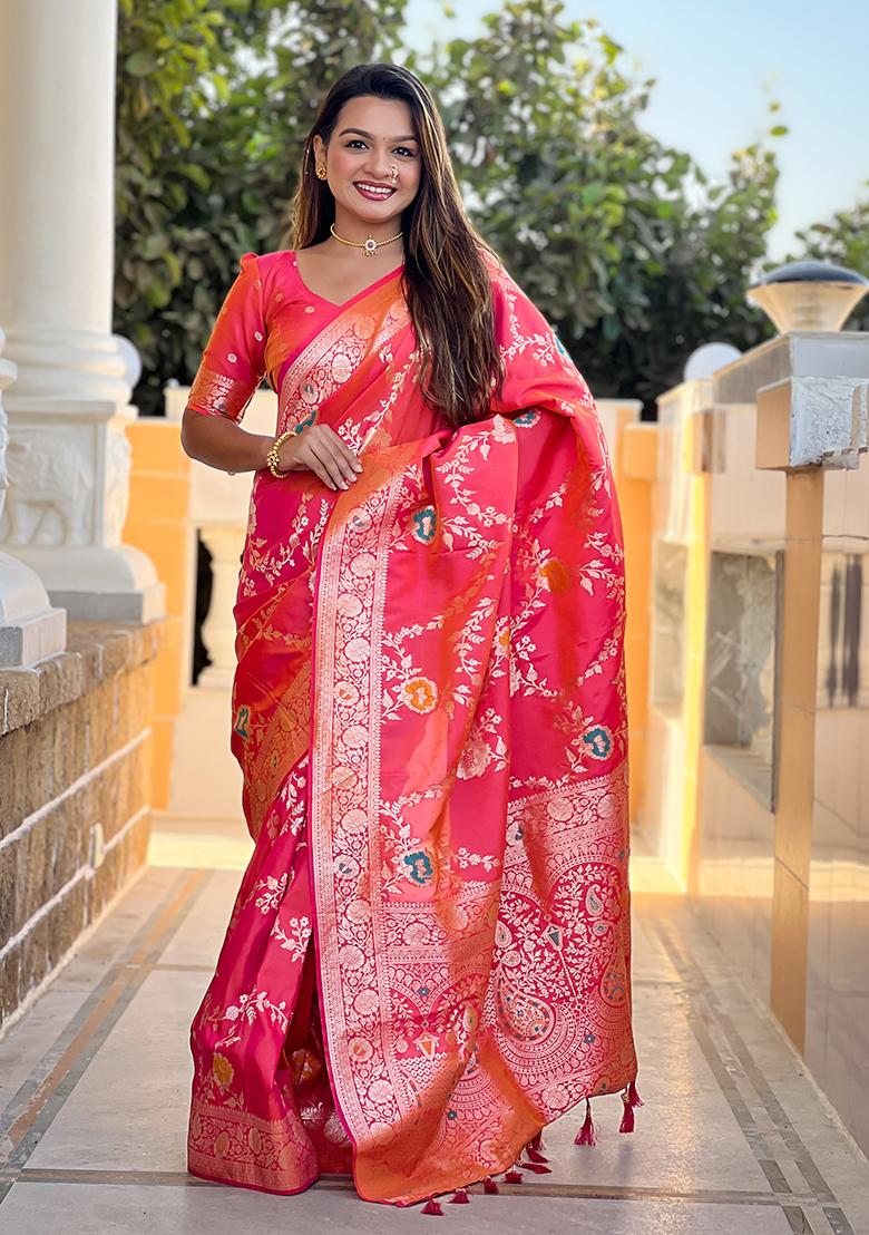 Gajri Pink Wevon Meenakari Designer Banarasi Silk Saree Set