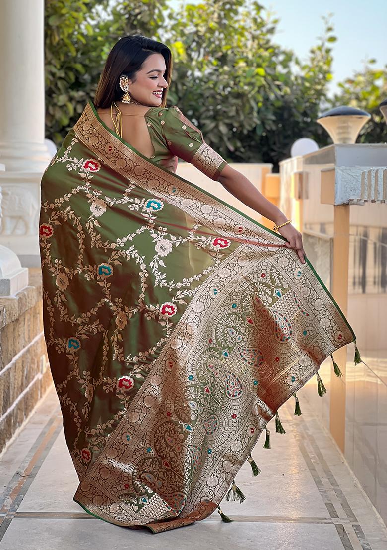 Mahendi Green Wevon Meenakari Designer Banarasi Silk Saree Set