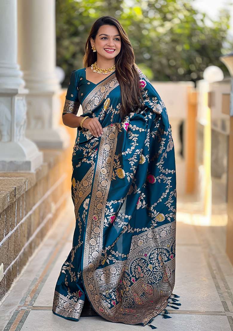 Teal Blue Wevon Meenakari Designer Banarasi Silk Saree Set - Indya