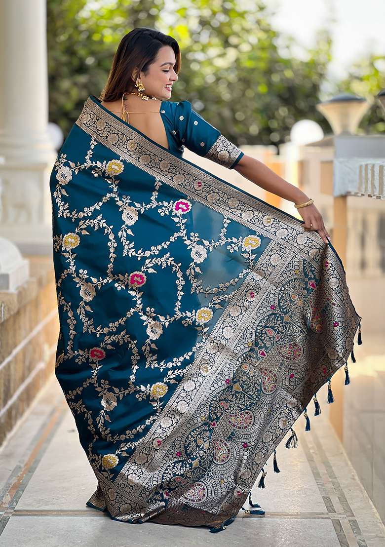 Teal Blue Wevon Meenakari Designer Banarasi Silk Saree Set - Indya