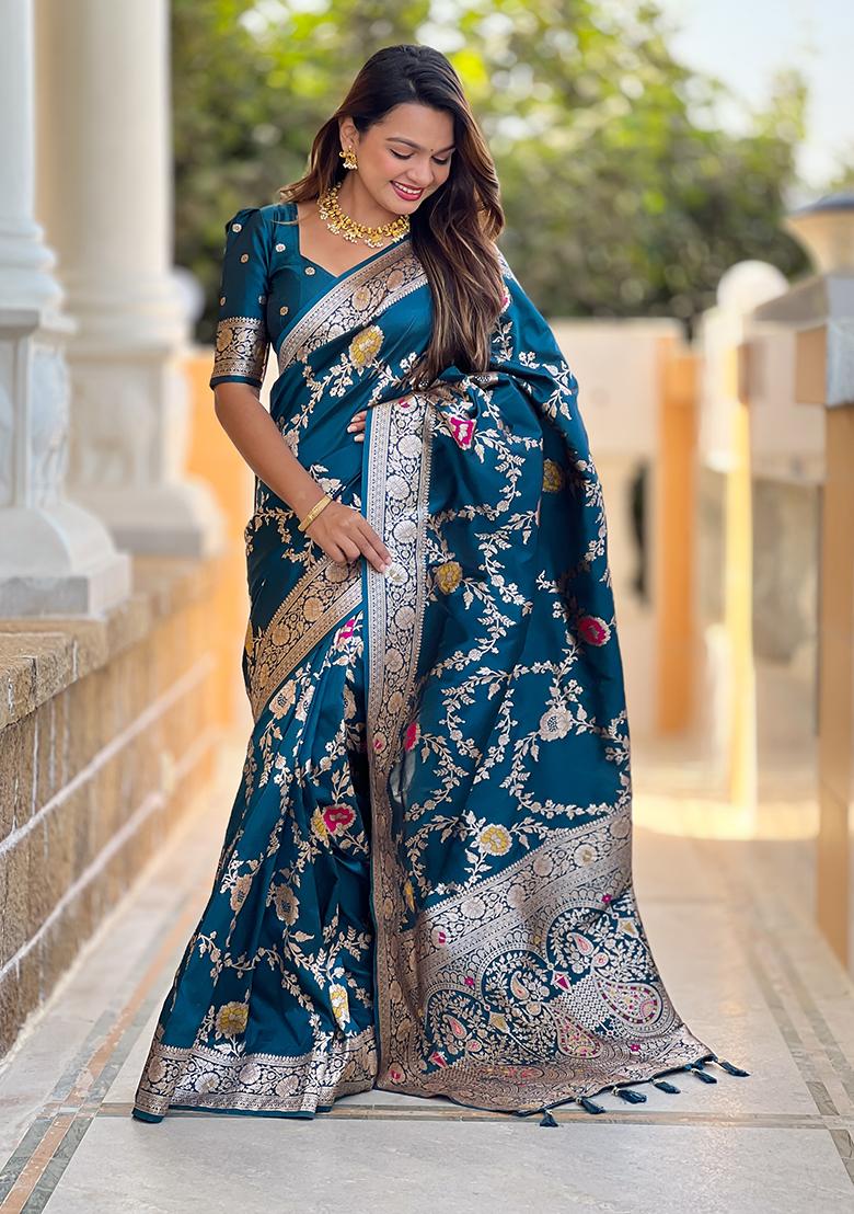 Teal Blue Wevon Meenakari Designer Banarasi Silk Saree Set