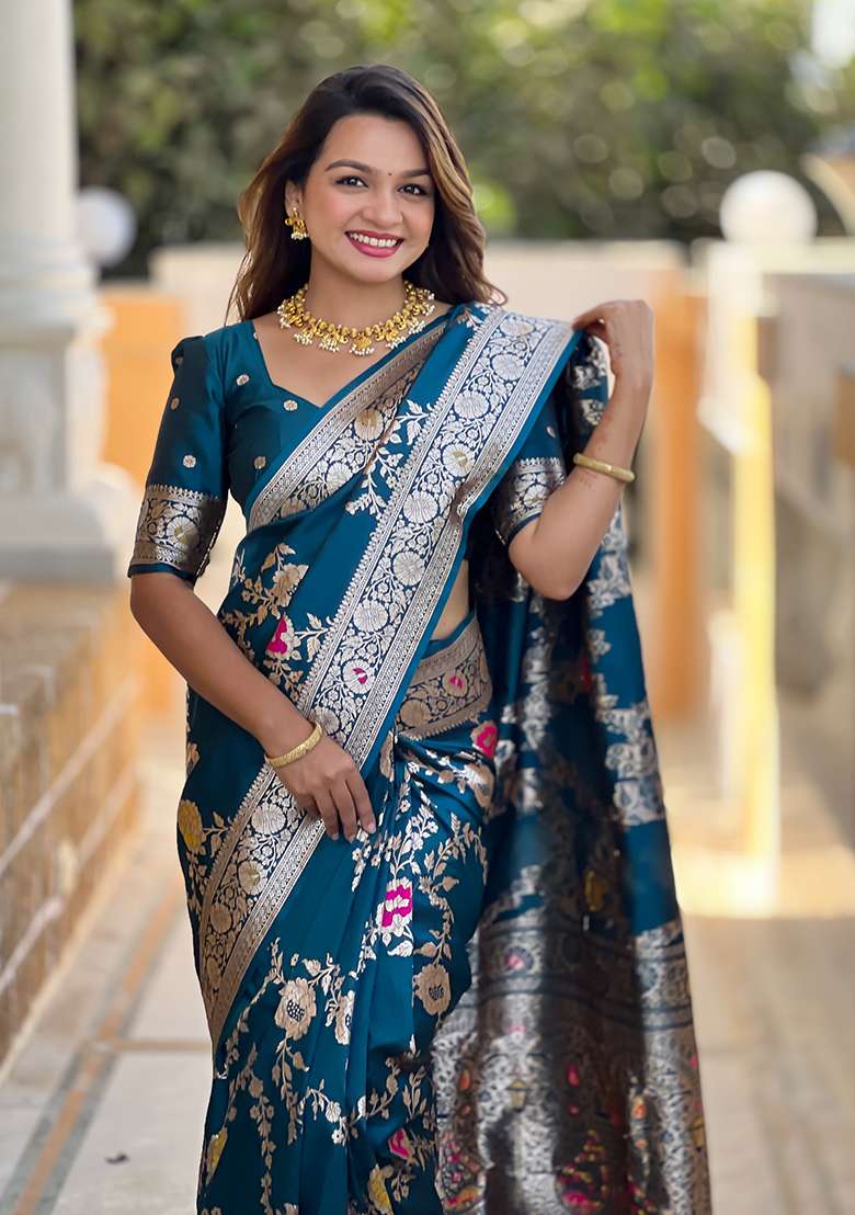 Teal Blue Wevon Meenakari Designer Banarasi Silk Saree Set - Indya
