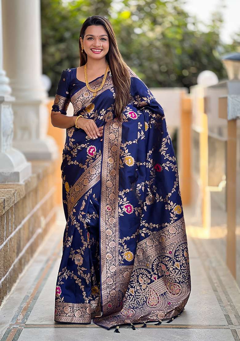 Nevy Blue Wevon Meenakari Designer Banarasi Silk Saree Set - Indya
