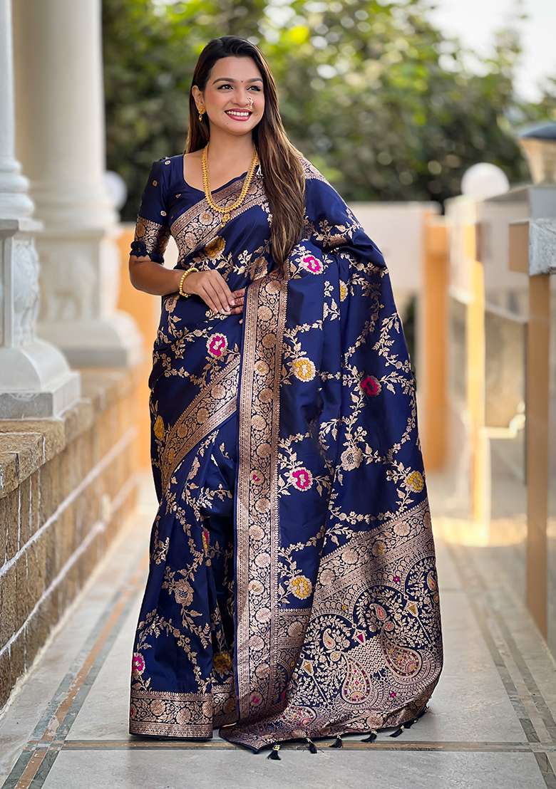 Nevy Blue Wevon Meenakari Designer Banarasi Silk Saree Set - Indya